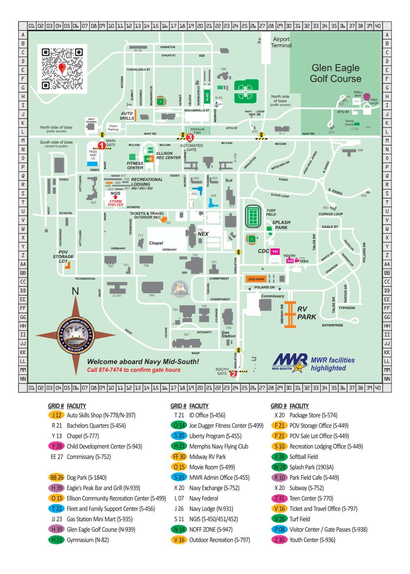 2025 Map of Navy MWR Mid-South facilities